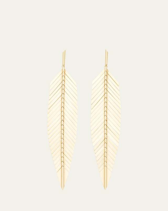18K Yellow Gold Large Feather Drop Earrings